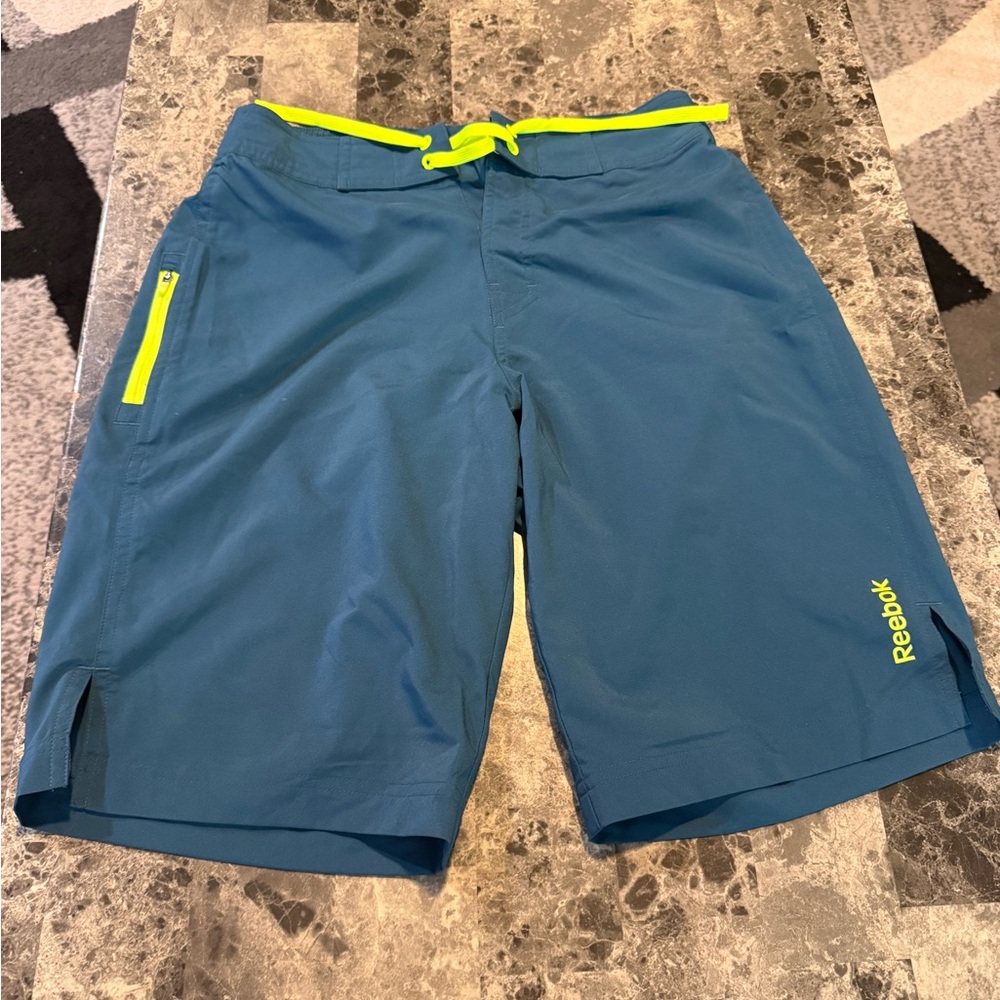 Men Reebok Teal CrossFit Shorts with Neon Yellow Accents size S